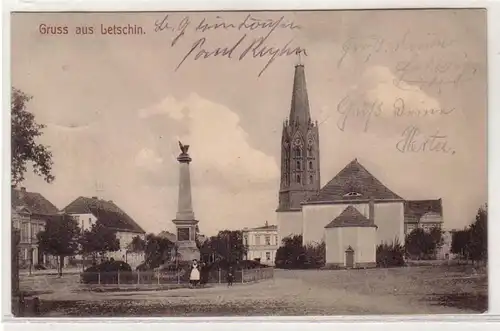 57637 Ak Gruß aus Letschin Oderbruch Kriegerdenkmal und Kirche 1908