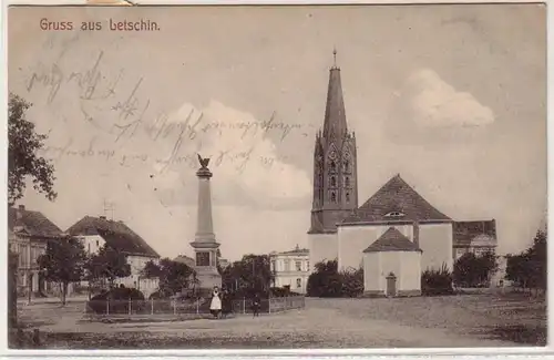 57635 Ak Gruß aus Letschin Oderbruch Kriegerdenkmal und Kirche 1908