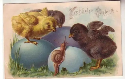 57627 Fröhliche Ostern Präge Ak 3 Küken, Eier und Schnecke 1909