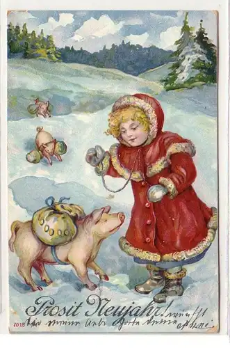 57623 Ak Prosit Neujahr! Mädchen und Schweinchen im Schnee 1909