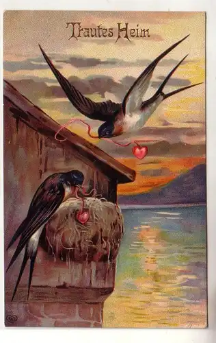 57620 Artiste Ak Trattes Maison Hirondelles à la construction de nids avec coeur 1908