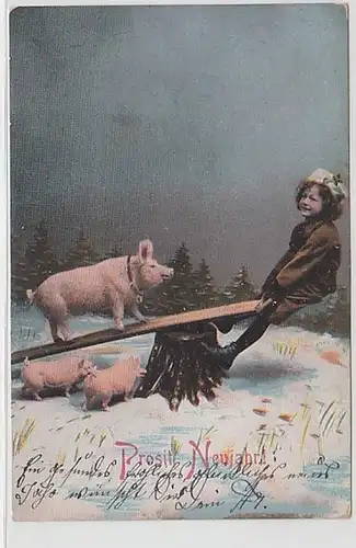 57618 Ak Prosit Neujahr! Kind mit Schweinen auf einer Wippe im Schnee 1903