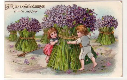 57617 Félicitations pour l'anniversaire de Ak Enfants avec des parchemins de fleurs 1908