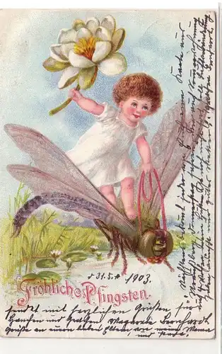 57612 Ak Fröhliche Pfingsten. auf Libelle reitendes Kind mit Seerose 1903