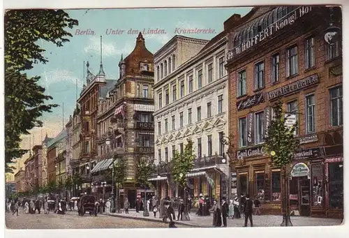 57508 Ak Berlin Sous les lindes Kranzlerecke avec magasins et hôtel 1910