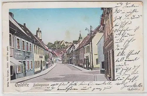 57433 Ak Colditz Badergasse mit Geschäften 1904