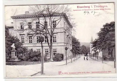 5 . Ak Eisenberg in Thuringen Agnesstrasse mit Gymnasium 1907