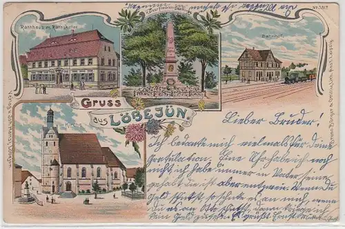 57037 Ak Lithographie Gruß aus Löbejün Bahnhof usw. 1902
