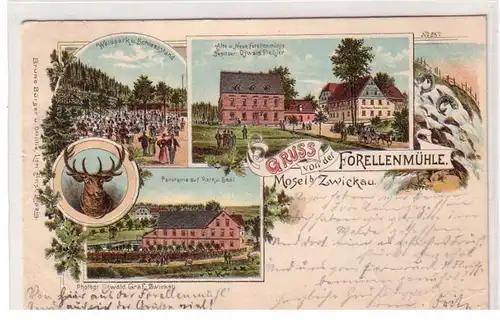 56809 Ak Lithographie Gruß von der Forellenmühle Mosel bei Zwickau 1897