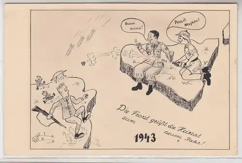 56699 Humor Neujahrs Ak "Die Front Grüßt die Heimat zum neuen Jahr! 1943"