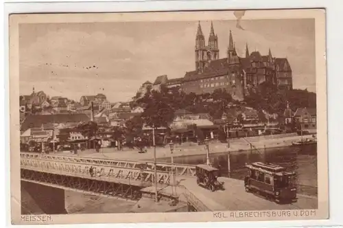 56567 Ak Meissen Elbbrücke mit Strassenbahn und Auto 1915