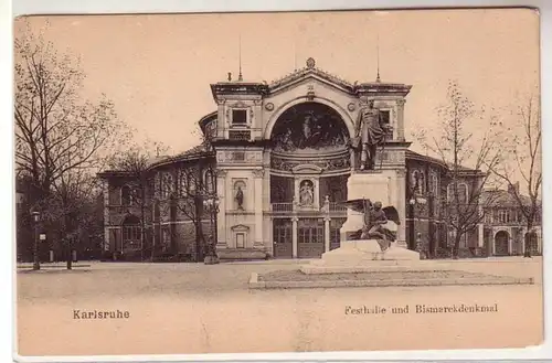 56018 Ak Karlsruhe Festhalle et monument bismarck vers 1905