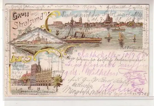 55941 Ak Lithographie Salutation de Stralsund 1898