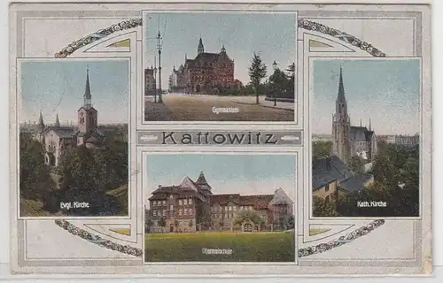 55849 Mehrbild Ak Kattowitz Gymnasium, Oberrealschule, Kirchen 1919