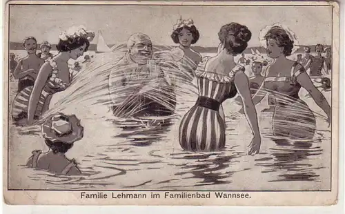 55298 Humour Ak Famille Lehmann dans la salle de bains familiale Wannesee vers 1910