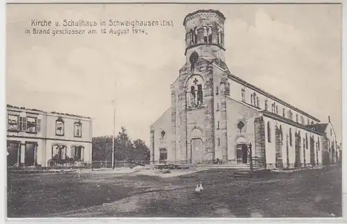 55223 Ak Kirche und Schulhaus in Schweighausen im Elsass um 1914