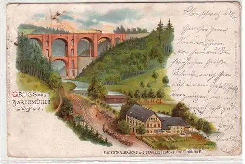 55015 Ak Lithographie Gruß aus Barthmühle im Vogtland 1900