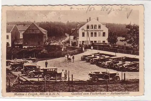 54365 Ak Moldau im Erzgebirge Gasthof zum Fischerhaus Autoparkplatz um 1925