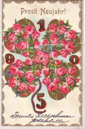 54300 Neujahrs Ak Kleeblatt aus Rosenblüten Jahreszahl 1905
