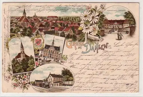 54284 Ak Lithographie Gruß aus Dahlen in Sa. Bahnhof usw. 1902