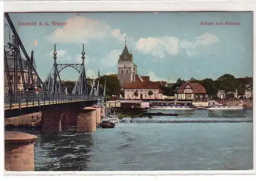 53923 Ak Hameln an der Weser Brücke und Münster 1914