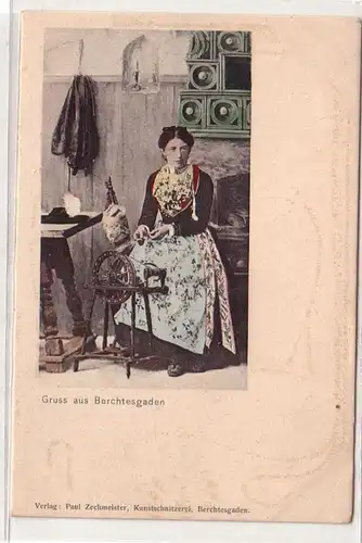 53920 Ak Salutation de Berchtesgaden femme dans costumes à la roue de fil vers 1900