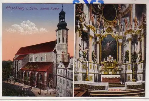 53634 Ak Hirschberg en Silésie église catholique et autel haut de gamme vers 1920