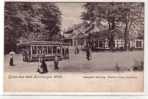 53543 Ak Gruß aus dem Duisburger Wald Restaurant Monning mit Straßenbahn 1910