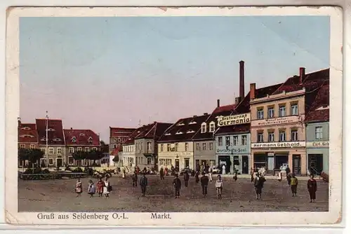 53372 Ak Gruß aus Seidenberg Oberlausitz Markt mit Geschäften um 1910