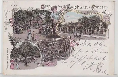 53309 Ak Lithographie Gruß aus Lübeck Haushahns Concert Haus 1901