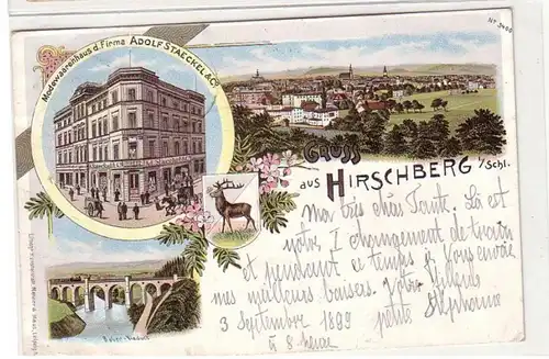 53139 Ak Lithographie Gruss de Hirschberg Modewaarenhaus Staeckel 1899