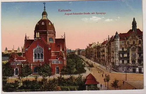 53029 Ak Kattowitz Oberschlesien August Schneider Strasse mit Synagoge 1920