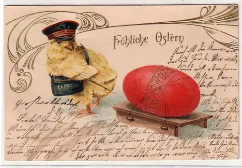 52957 Oster Ak Küken als Postbote mit Osterei 1904