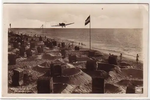 52873 Ak Westerland Sylt Flugzeug überfliegt den Strand 1929