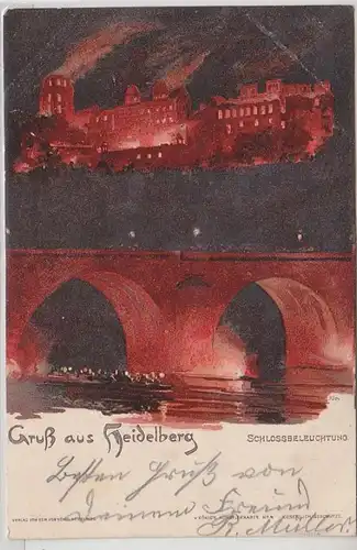 52838 Ak Lithographie Salutation de Heidelberg Éclairage du château 1900