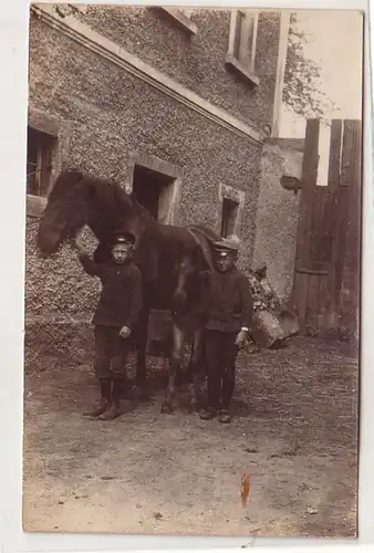 52730 Foto Ak Colditz 2 Kinder mit Pferd und Fohlen 1918