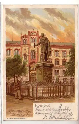 52587 Ak Lithographie Rostock Blücherdenkmal und Universität 1900