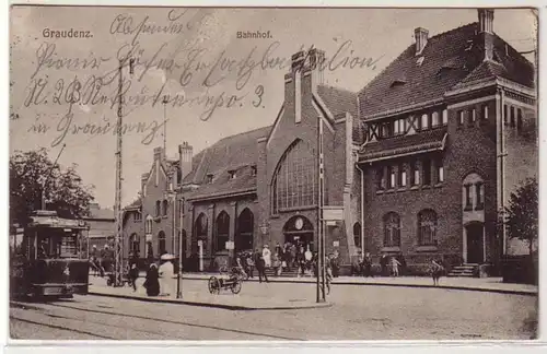 52259 Feldpost Ak Graudenz Bahnhof mit Strassenbahn 1915