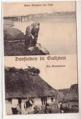 52023 Mehrbild Ak Dorfleben in Galizien Waschfrau und Storchenhaus 1918