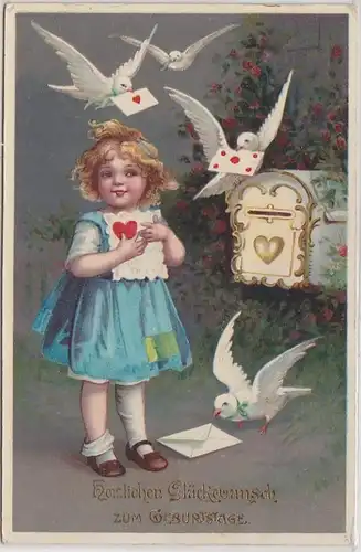 51947 Félicitations Ak enfant fille avec 4 pigeons et boîte aux lettres 1909