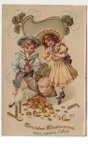 51743 Neujahrs Präge Ak 2 Kinder schütten Säcke mit Geld aus 1910