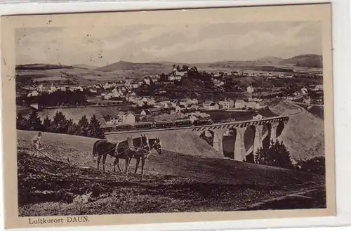 51738 Ak Luftkurort Daun Bauer mit Pflug vor Viadukt 1921