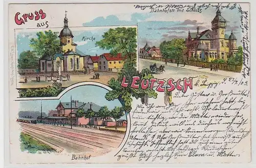 51734 Ak Lithographie Gruß aus Leutzsch Bahnhof usw. 1903