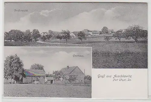 51667 Mehrbild Ak Gruß aus Auschkowitz Dorfansicht, Gasthaus um 1930