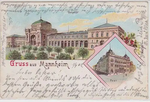 51623 Ak Lithographie Salutation de la gare de Mannheim et du poste 1902