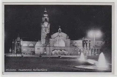 51601 Ak Wiesbaden Hauptbahnhof Nachtaufnahme um 1940