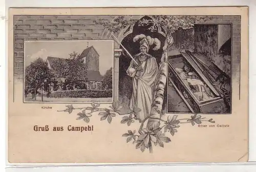51446 Ak Gruß aus Campehl Kirche und Ritter von Calbutz um 1920