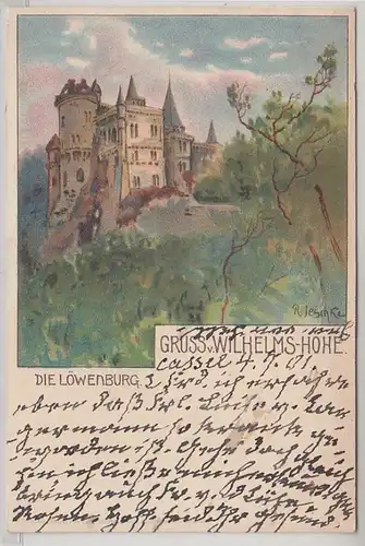 51370 Artiste Ak Salutation de Wilhelmshöhe die Löwenburg 1901