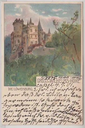 51370 Künstler Ak Gruß von Wilhelmshöhe die Löwenburg 1901