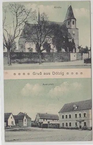 51219 Mehrbild Ak Gruß aus Dölzig Kirche und Auenplatz um 1920